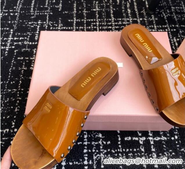 Buy Cheapest Miu Miu Patent Leather Slides Sandal Brown 1228025