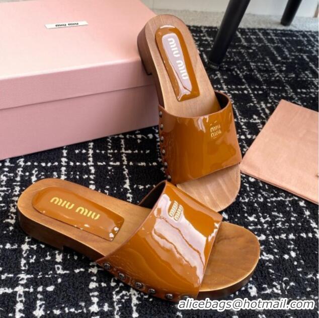 Buy Cheapest Miu Miu Patent Leather Slides Sandal Brown 1228025