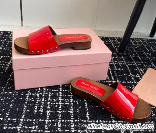 Original Cheap Miu Miu Patent Leather Slides Sandal Red 1228027