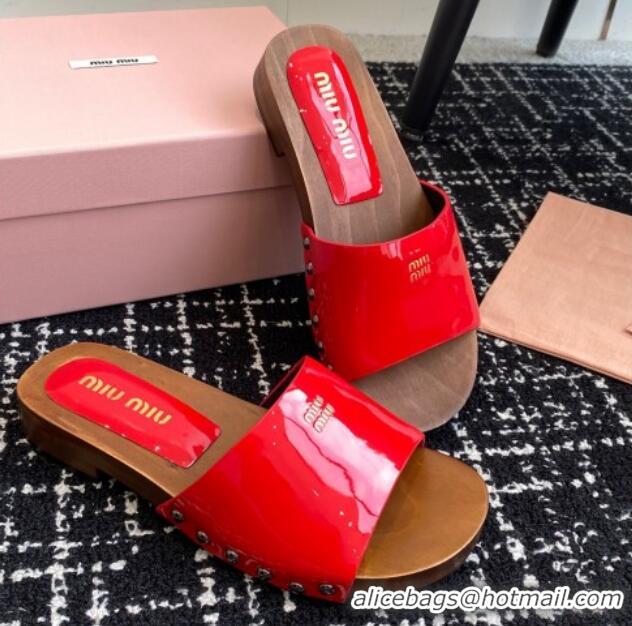 Original Cheap Miu Miu Patent Leather Slides Sandal Red 1228027