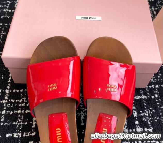 Original Cheap Miu Miu Patent Leather Slides Sandal Red 1228027