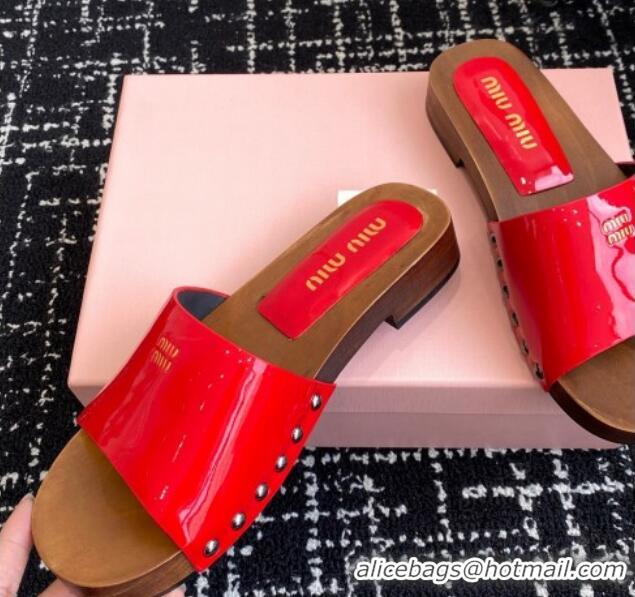 Original Cheap Miu Miu Patent Leather Slides Sandal Red 1228027