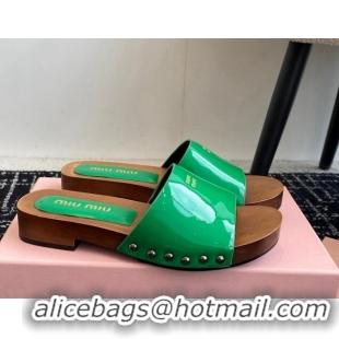 Classic Hot Miu Miu Patent Leather Slides Sandal Green 1228028