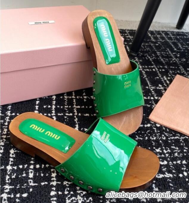 Classic Hot Miu Miu Patent Leather Slides Sandal Green 1228028