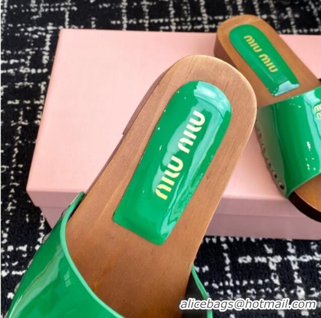 Classic Hot Miu Miu Patent Leather Slides Sandal Green 1228028