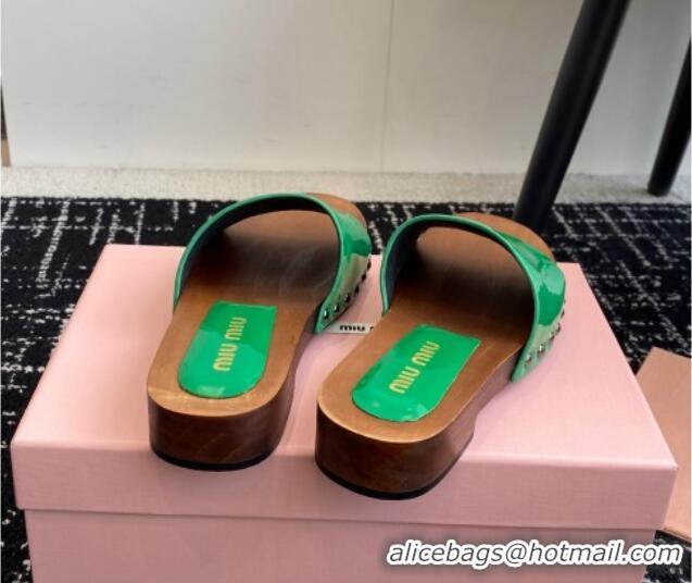 Classic Hot Miu Miu Patent Leather Slides Sandal Green 1228028