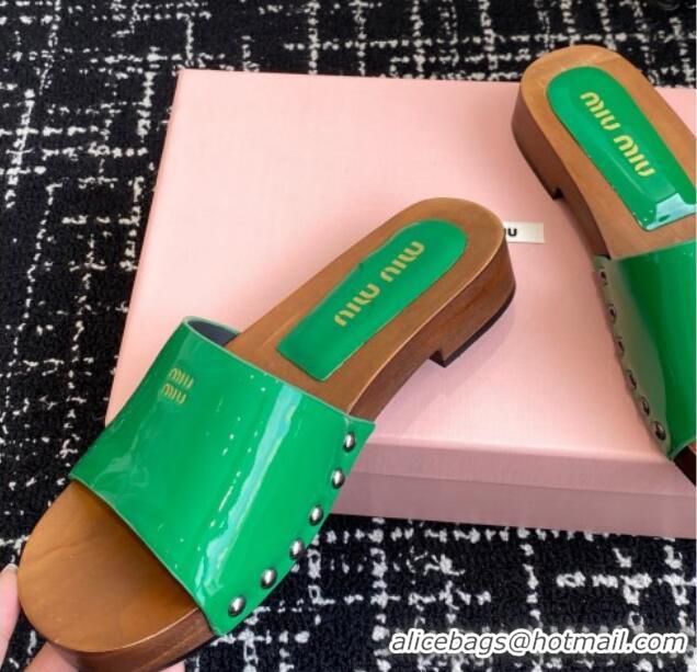 Classic Hot Miu Miu Patent Leather Slides Sandal Green 1228028