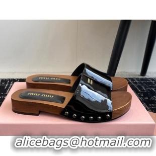 Perfect Miu Miu Patent Leather Slides Sandal Black 1228029