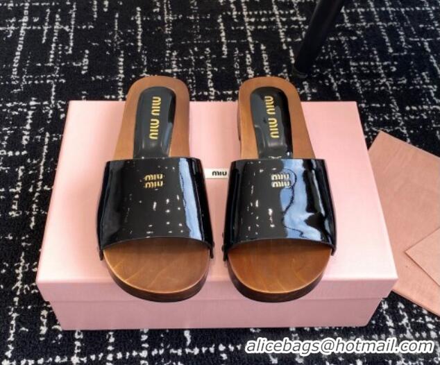 Perfect Miu Miu Patent Leather Slides Sandal Black 1228029