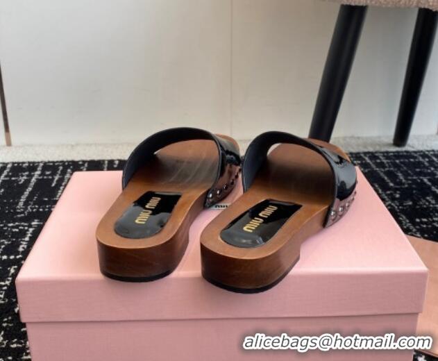 Perfect Miu Miu Patent Leather Slides Sandal Black 1228029