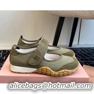 Good Quality Miu Miu Fabric and Suede Open Sneakers with Strap Green 1228032