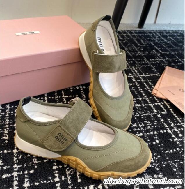 Good Quality Miu Miu Fabric and Suede Open Sneakers with Strap Green 1228032