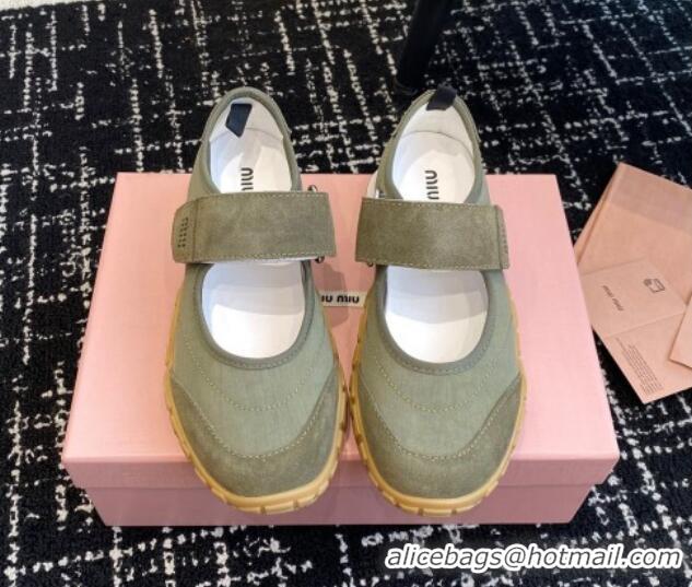 Good Quality Miu Miu Fabric and Suede Open Sneakers with Strap Green 1228032