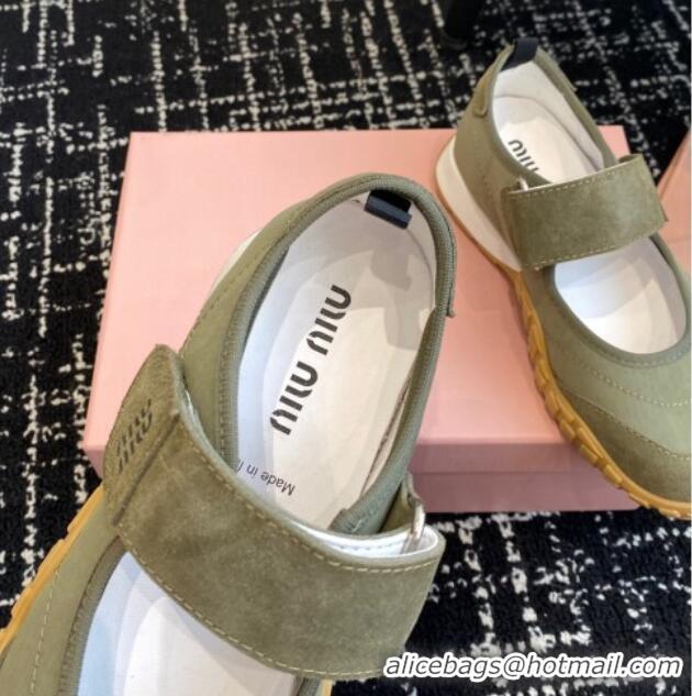 Good Quality Miu Miu Fabric and Suede Open Sneakers with Strap Green 1228032