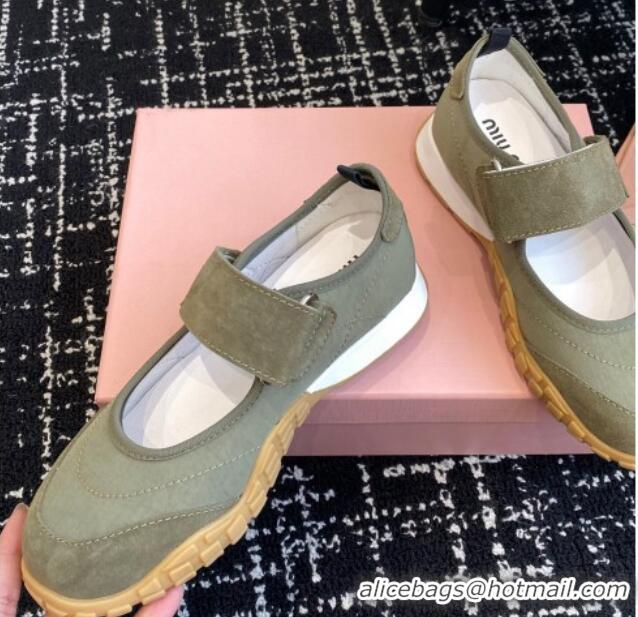 Good Quality Miu Miu Fabric and Suede Open Sneakers with Strap Green 1228032