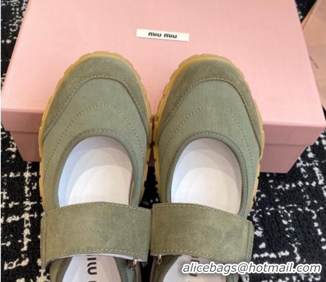 Good Quality Miu Miu Fabric and Suede Open Sneakers with Strap Green 1228032