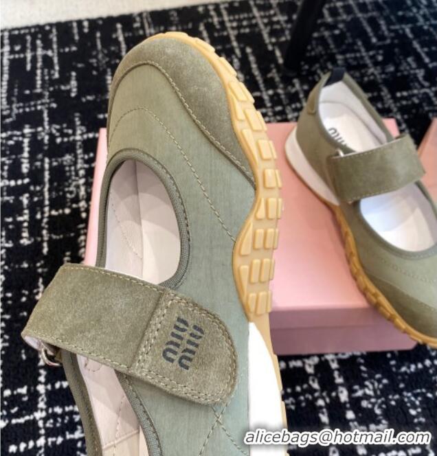 Good Quality Miu Miu Fabric and Suede Open Sneakers with Strap Green 1228032