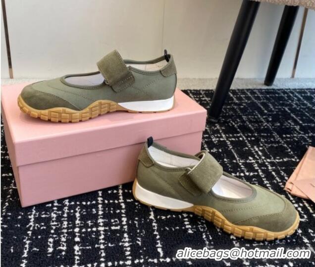 Good Quality Miu Miu Fabric and Suede Open Sneakers with Strap Green 1228032