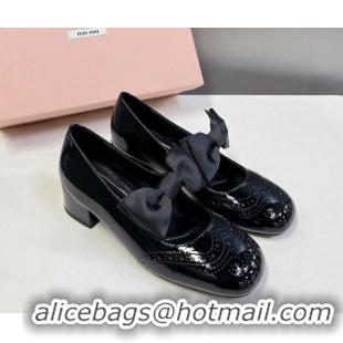 Sophisticated Miu Miu Openwork Patent Leather Mary Janes Pumps 3.5cm with Bow Black 1228033