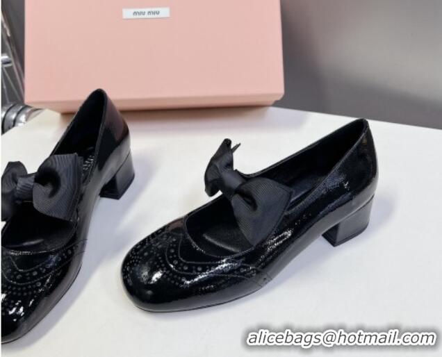 Sophisticated Miu Miu Openwork Patent Leather Mary Janes Pumps 3.5cm with Bow Black 1228033