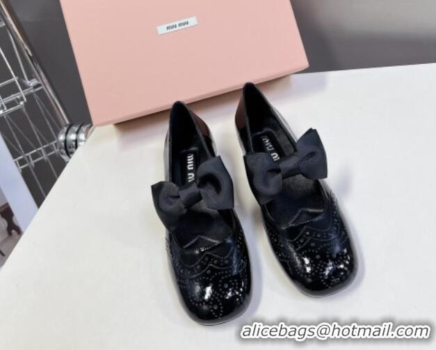 Sophisticated Miu Miu Openwork Patent Leather Mary Janes Pumps 3.5cm with Bow Black 1228033