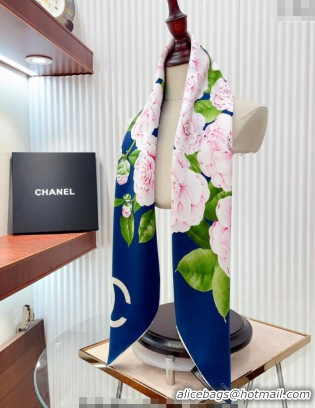 New Design Chanel Flora Silk Square Scarf 90x90cm CH0710 Blue 2024