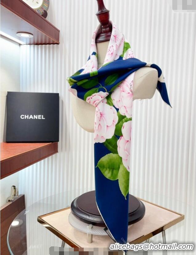 New Design Chanel Flora Silk Square Scarf 90x90cm CH0710 Blue 2024