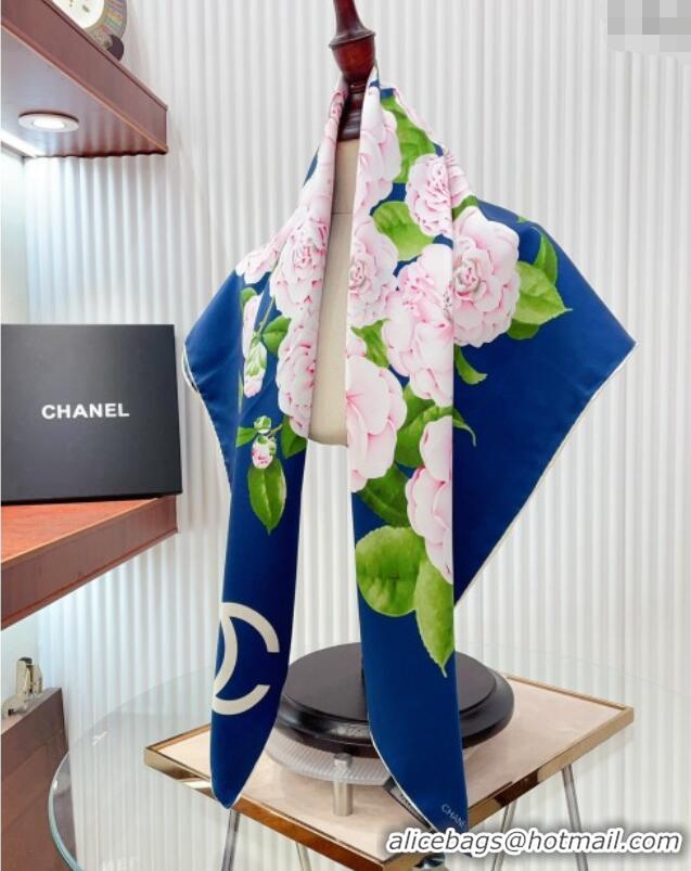 New Design Chanel Flora Silk Square Scarf 90x90cm CH0710 Blue 2024