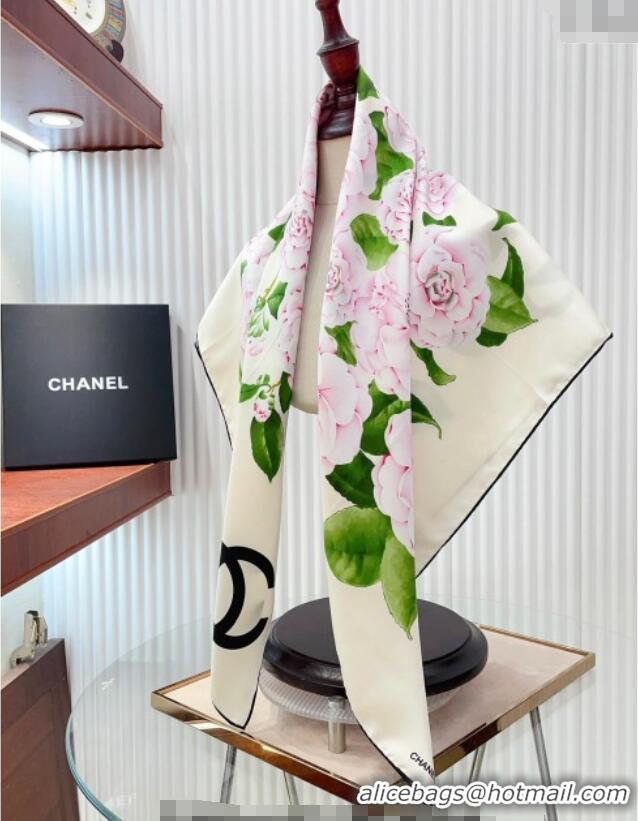 Buy Discount Chanel Flora Silk Square Scarf 90x90cm CH0710 White 2024