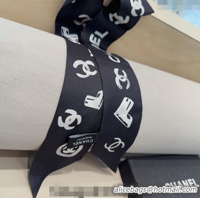 Pretty Style Chanel Print Silk Bandeau Scarf 6x120cm CH082105 Black 2024