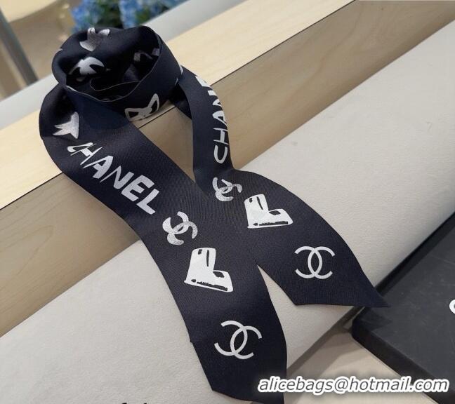 Pretty Style Chanel Print Silk Bandeau Scarf 6x120cm CH082105 Black 2024