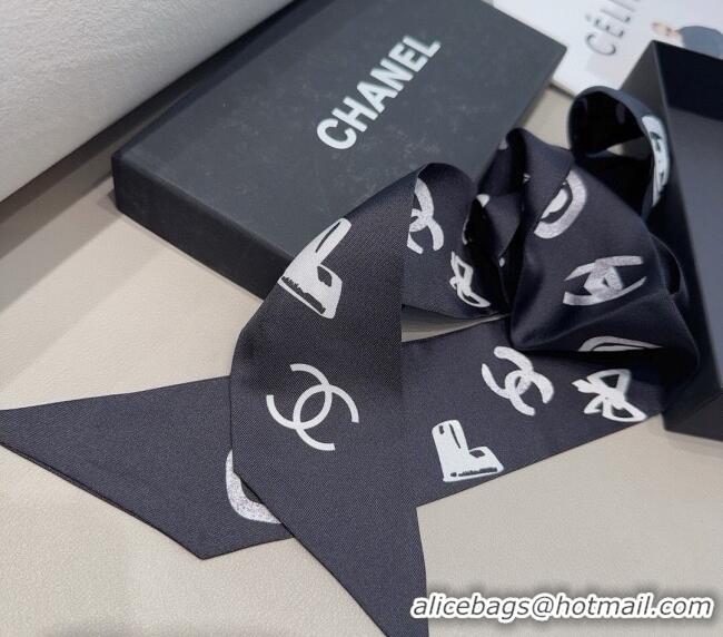 Pretty Style Chanel Print Silk Bandeau Scarf 6x120cm CH082105 Black 2024