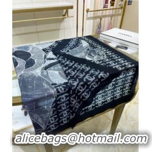 Super Quality Chanel Camellia Cashmere Shawl Scarf 140cm CH082107 Black 2024