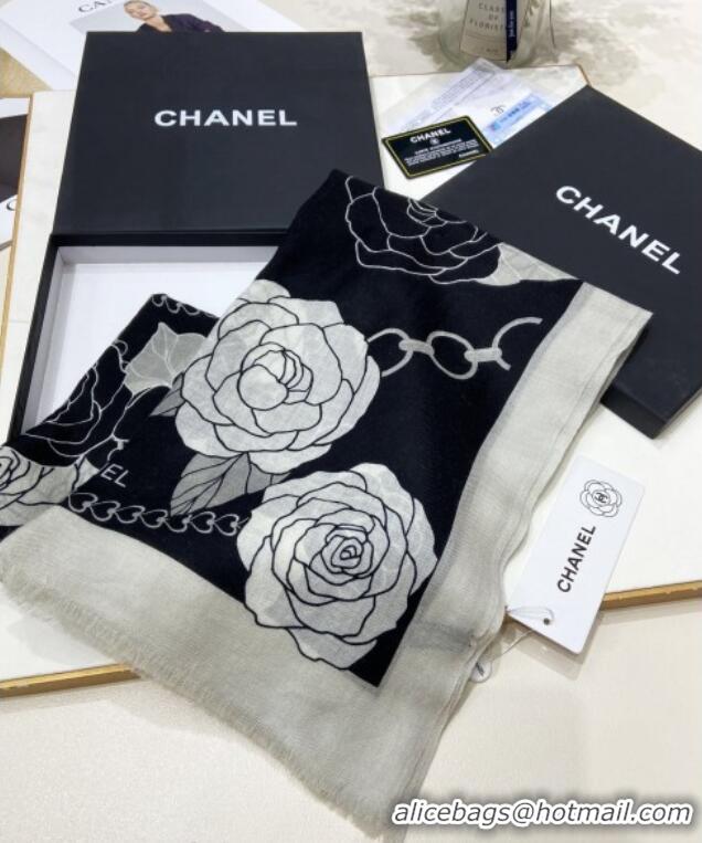 Top Grade Chanel Camellia Cashmere Long Scarf 110x200cm CH082108 Black 2024