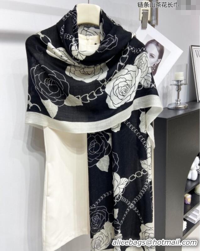 Top Grade Chanel Camellia Cashmere Long Scarf 110x200cm CH082108 Black 2024