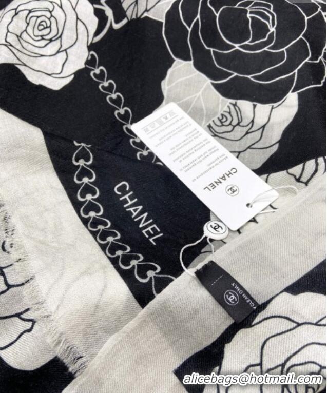 Top Grade Chanel Camellia Cashmere Long Scarf 110x200cm CH082108 Black 2024