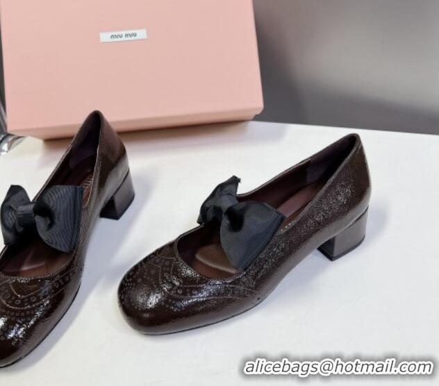 Discount Miu Miu Openwork Patent Leather Mary Janes Pumps 3.5cm with Bow Dark Brown 1228034