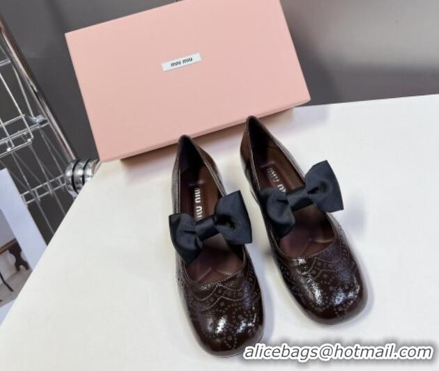 Discount Miu Miu Openwork Patent Leather Mary Janes Pumps 3.5cm with Bow Dark Brown 1228034