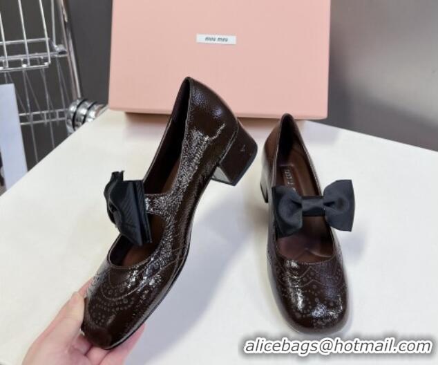 Discount Miu Miu Openwork Patent Leather Mary Janes Pumps 3.5cm with Bow Dark Brown 1228034