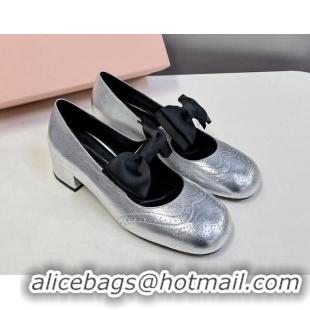 Best Price Miu Miu Openwork Patent Leather Mary Janes Pumps 3.5cm with Bow Silver 1228035