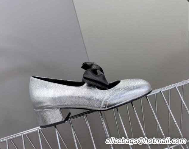 Best Price Miu Miu Openwork Patent Leather Mary Janes Pumps 3.5cm with Bow Silver 1228035