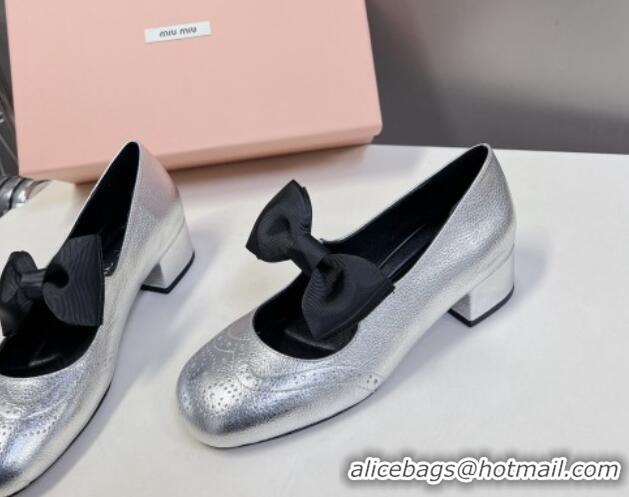 Best Price Miu Miu Openwork Patent Leather Mary Janes Pumps 3.5cm with Bow Silver 1228035