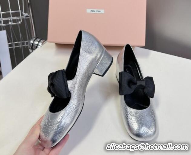 Best Price Miu Miu Openwork Patent Leather Mary Janes Pumps 3.5cm with Bow Silver 1228035