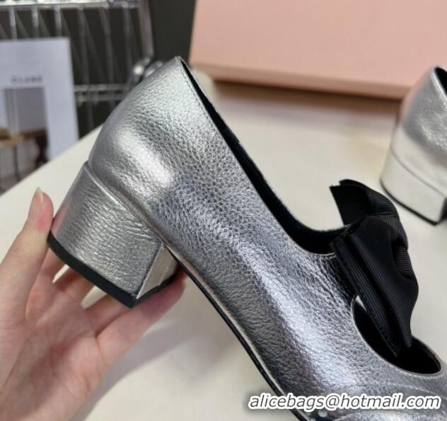 Best Price Miu Miu Openwork Patent Leather Mary Janes Pumps 3.5cm with Bow Silver 1228035