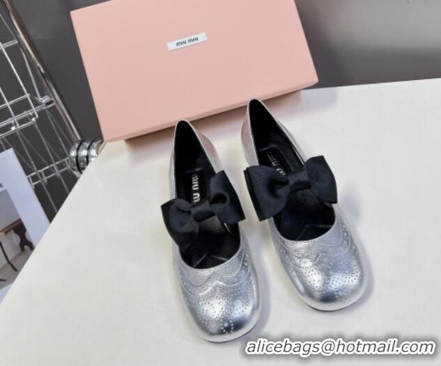 Best Price Miu Miu Openwork Patent Leather Mary Janes Pumps 3.5cm with Bow Silver 1228035