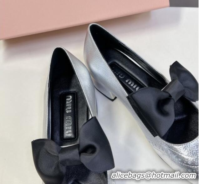 Best Price Miu Miu Openwork Patent Leather Mary Janes Pumps 3.5cm with Bow Silver 1228035