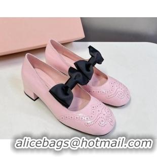 Grade Quality Miu Miu Openwork Patent Leather Mary Janes Pumps 3.5cm with Bow Light Pink 1228036