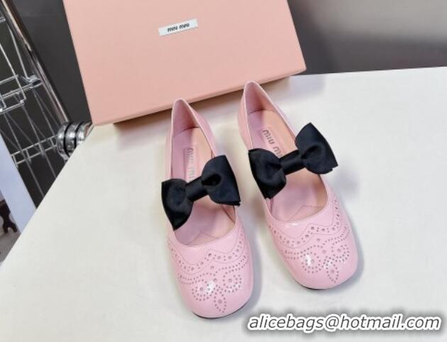 Grade Quality Miu Miu Openwork Patent Leather Mary Janes Pumps 3.5cm with Bow Light Pink 1228036