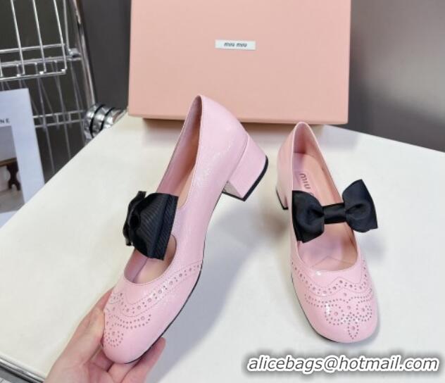 Grade Quality Miu Miu Openwork Patent Leather Mary Janes Pumps 3.5cm with Bow Light Pink 1228036