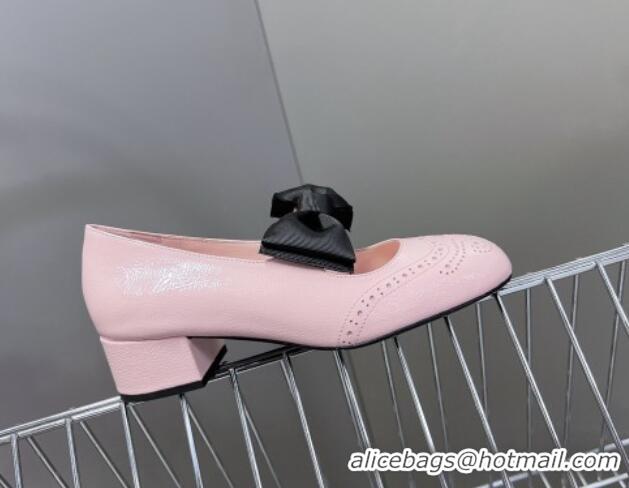 Grade Quality Miu Miu Openwork Patent Leather Mary Janes Pumps 3.5cm with Bow Light Pink 1228036